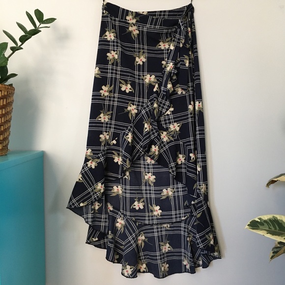 3/$30 Floral & Checks Faux-Wrap Ruffle Midi Skirt - Picture 1 of 4